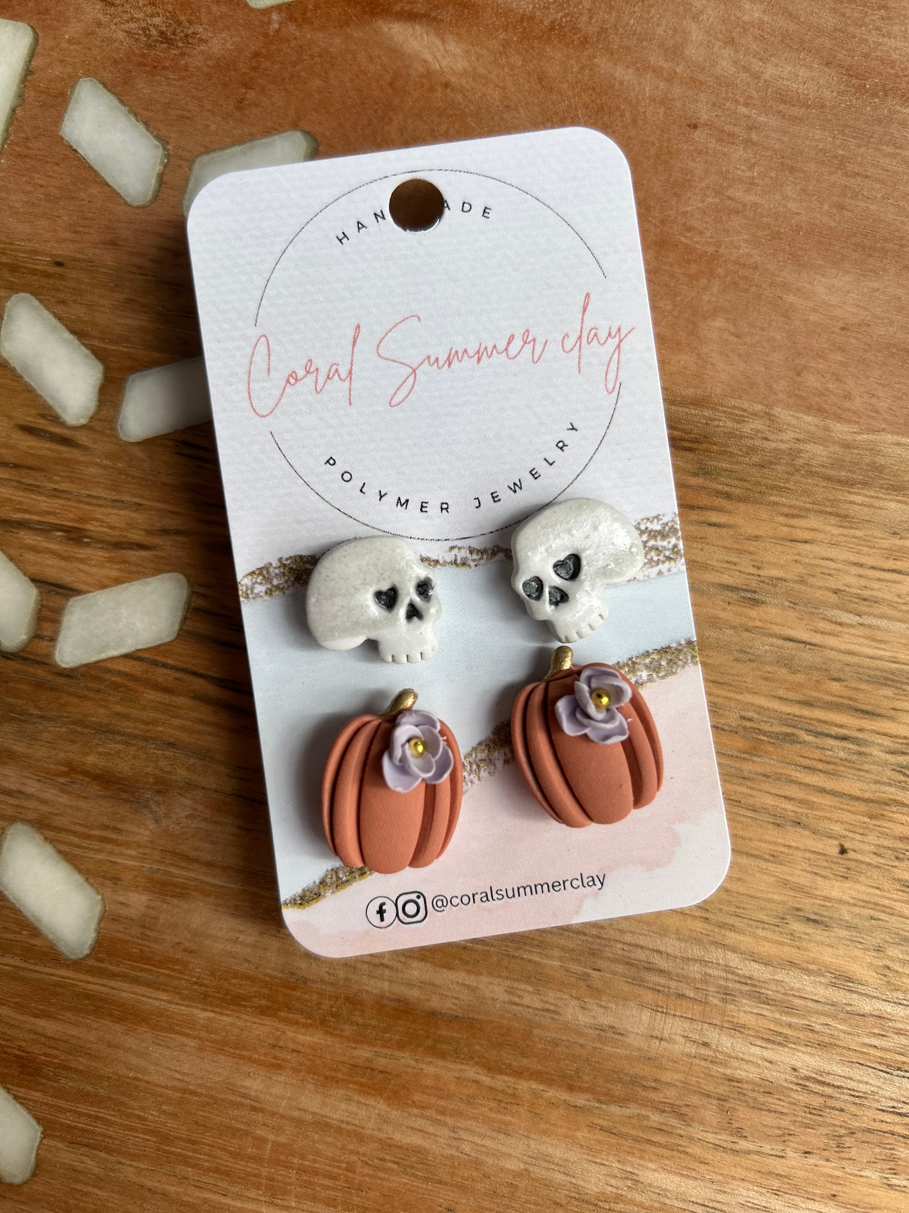 Skull and floral pumpkin studs